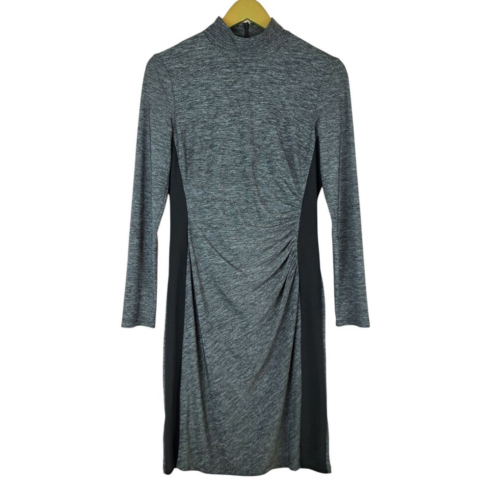 Chaps Dress Slimming Ruched Side Long Sleeve Mock Neck Size 4 Gray